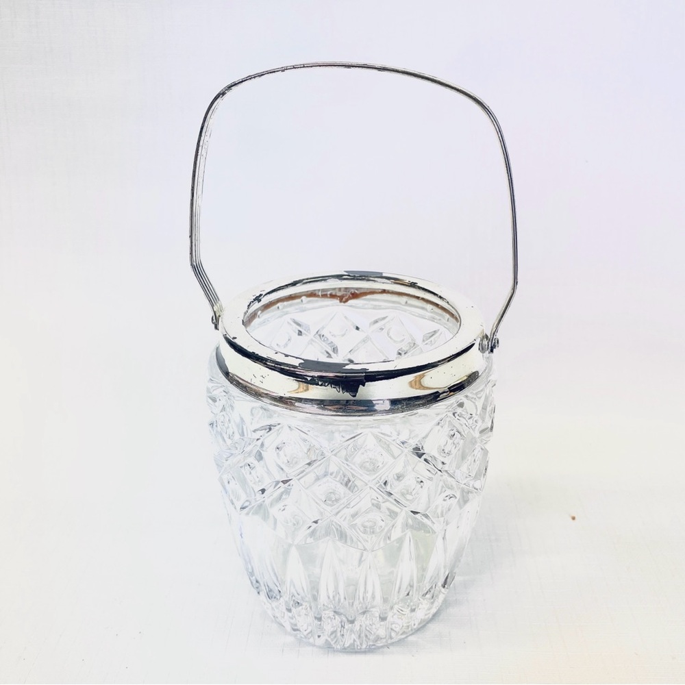 VINTAGE Crystal Ice Bucket Silver Plated Swing Handle Diamond Cut Mid Century